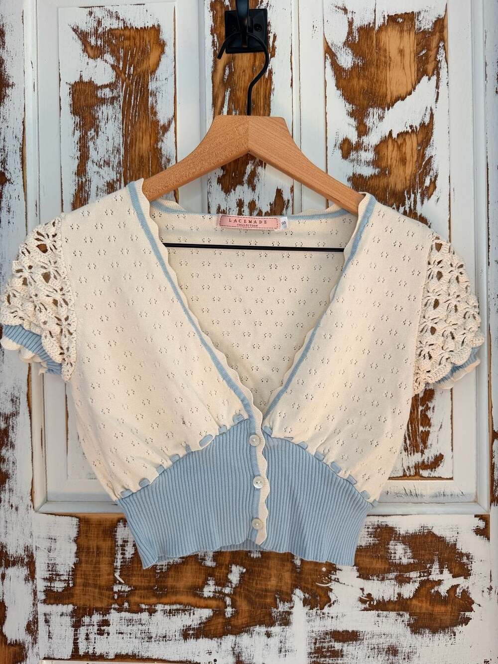 Lacemade Short Sleeve Cardigan Size S White Blue Crochet Knit Coquette Y2K